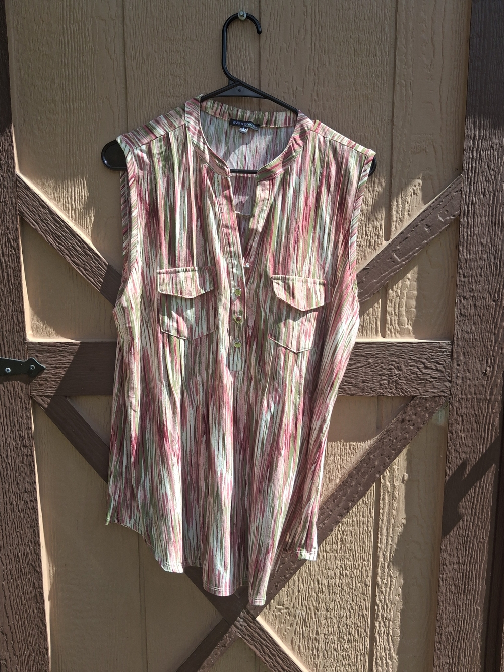 Ava & Grace Sleeveless Striped Henley Blouse in Pink, Green & Cream
